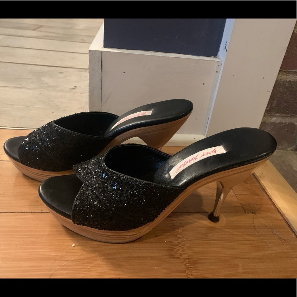 Black glitter peep-toe heels